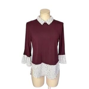 Elle Burgundy Polka Dot Layered Look Top XXL 3/4 Bell Sleeve Mixed Media Blouse